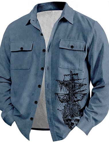  Herren Nautisch Cord Hemd Hemdjacke Overshirt Langarm Vintage Stamm Outdoor Alltagskleidung Herbst Winter Umlegekragen Hemden mit Kragen Knopf 3D-Druck 2 Taschen 1pc Schwarzgrau Marineblau Braun