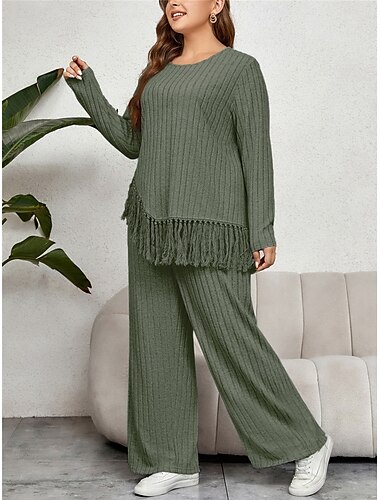  Damen Übergröße Oberteile T Shirt einstellen Feste Farbe Quaste Langarm Rundhalsausschnitt Brautkleider schlicht Täglich Polyester Herbst Winter Fuchsie Grün