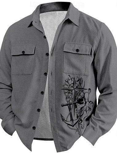  Herren Wolf Nautisch Cord Hemd Hemdjacke Overshirt Langarm Vintage Stamm Outdoor Alltagskleidung Herbst Winter Umlegekragen Hemden mit Kragen Knopf 3D-Druck 2 Taschen 1pc Schwarz Marineblau Braun