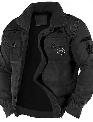  Herren-Militärjacke aus Baumwolle mit Stickerei, Cargo-Jacke mit Schultergurten, langen Ärmeln, Stehkragen, mehreren Taschen, Mantel, Trucker-Jacke 1776, taktische Oberbekleidung mit Buchstabendruck
