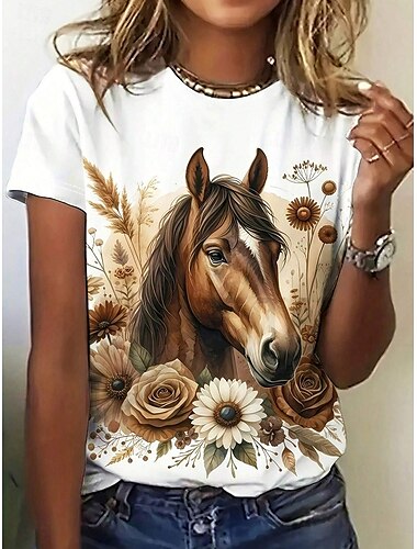  Dames T-shirt Grafisch Paard Casual Korte mouw Ronde hals Normale tops Dagelijks Afdrukken Wit Lente Herfst