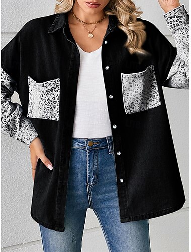  Damen Jeansjacke Outdoor Strasse Freizeitskleidung Herbst Winter Standard Mantel Regular Fit Atmungsaktiv Stilvoll Brautkleider schlicht Jacken Langarm Leopard Mit Taschen Bedruckt Schwarz Weiß Blau