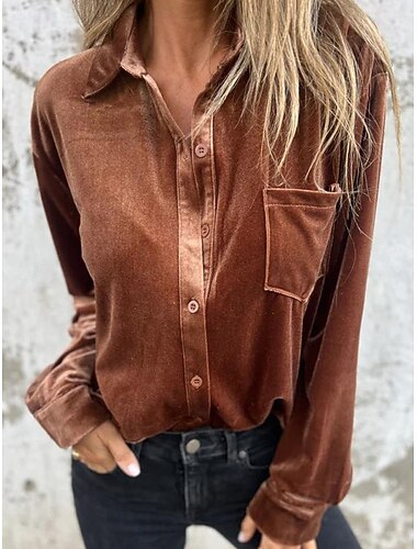  Per donna Camicia Blusa Tinta unica Essenziale Informale Manica lunga Colletto Top regolari Giornaliero Bottoni Fucsia Marrone Verde Autunno Inverno