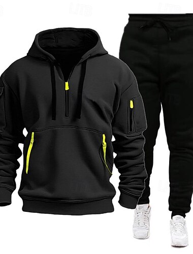  Herren Sweatshirt Pullover Trainingsanzug Jogginganzug Schwarz Marineblau Khaki Grau Mit Kapuze Glatt Kordelzug 2 teilig Sport & Natur Täglich Festtage Strassenmode Basic Brautkleider schlicht