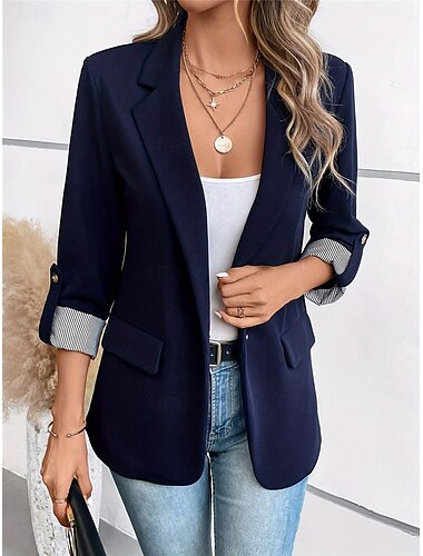  Mujer chaqueta Trabajo Botón Color sólido Transpirable Estilo de Oficina Ajuste regular Ropa de calle Manga Larga Otoño Azul Piscina S