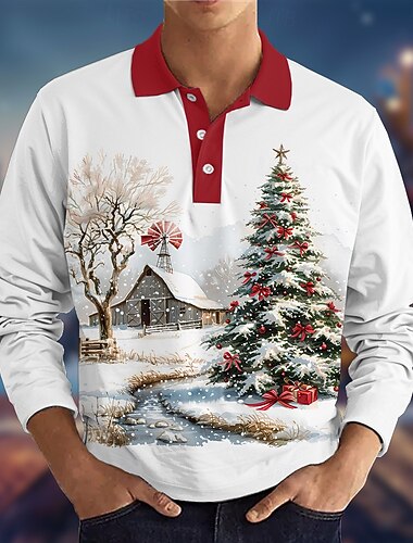  Natale Per uomo Albero di Natale Polo Polo da Golf Manica Lunga Magliette polo Colletto Casual Vacanza Abbigliamento Quotidiano Stampa 3D Bottoni Primavera Autunno & Inverno Bianco Rosso Blu