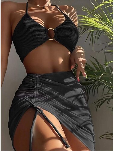  Dámské Plavky Bikiny Tři kusy Odvážné Plavky Volná záda Štíhlý prázdniny Oblečení na pláž Pevná barva Krk ohlávky Bez rukávů Plavky