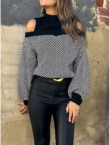  Mujer Pulóveres Suéter de punto Casual Suave Geométrico Estriado Cuello Alto De Punto Hombro frío Manga Larga Tops regulares Tejer Exterior Diario Fin de semana Negro Otoño Invierno
