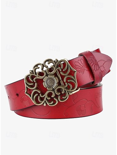  Cinturón de piel rojo para mujer con hebilla vintage con flores talladas: accesorio de estilo bohemio occidental
