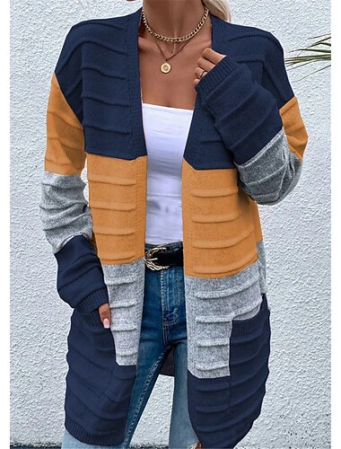  Dames Trui Vest Casual Zacht Kleurenblok Geribd Open voorzijde Zak Gebreid Lange mouw Lange tops breien Buiten Dagelijks Weekend Blozend Roze Oranje Herfst Winter