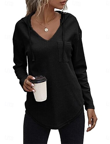  Women's Shirt Blouse Solid Color Basic Casual Long Sleeve Hooded Regular Tops Daily Black Pink Green Fall Winter