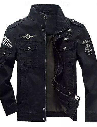  Herren-Militärjacke aus Baumwolle mit Stickerei, Cargo-Jacke mit Schultergurten, langen Ärmeln, Stehkragen, mehreren Taschen, Trucker-Jacke, taktische Oberbekleidung mit US-Flaggen-Print