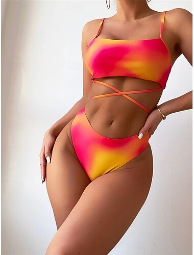  Damen Badeanzug Bikinis Drei Stück Cheeky-Bikinihose Bademode Rückenfrei Schlank Urlaub Strandbekleidung Farbverlauf Ärmellos Badeanzüge