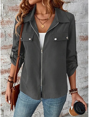  Damen Winterjacke Outdoor Strasse Freizeitskleidung Herbst Winter Kurz Mantel Regular Fit warm Atmungsaktiv Stilvoll Brautkleider schlicht Jacken Langarm Glatt Mit Taschen Full Zip Wein Blau Grau