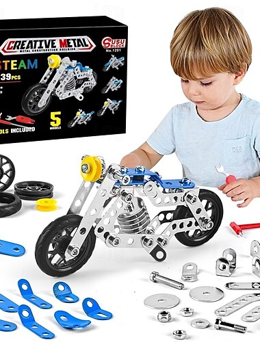  motorfiets stuurpen bouw speelgoed voor kinderen metalen bouw constructie model kit 5 variabele multi vorm motorfiets stoom educatief speelgoed (139 stuks) halloween/thanksgiving dag/kerst cadeau