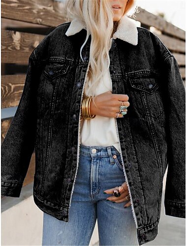  Damen Fleecejacke Teddy-Mantel Jeansjacke warm halten Atmungsaktiv Tasche Innenfutter aus Fleece Brautkleider schlicht Glatt Urlaub Strasse Freizeitskleidung Ausgehen Einreihiger Verschluss Standard