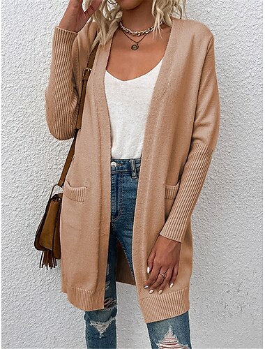  Pentru femei Pulover Bluza Casual Moale Culoare pură Striat Deschis frontal Buzunar Tricotat Manșon Lung Topuri lungi Tricotat În aer liber Zilnic Sfârșit de săptămână Kaki Caisă Toamnă Iarnă