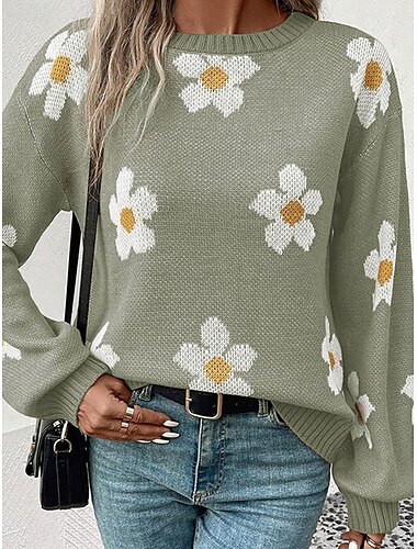  Damen Pullover Brautkleider schlicht Weich Blumen Gerippt Rundhalsausschnitt Tasche Strick Langarm Normale Oberteile Stricken Outdoor Täglich Wochenende Blau Grün Herbst Winter