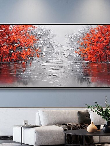  dipinto a mano dipinto ad olio di alberi della foresta scena autunnale fatta a mano foresta di betulle dipinto decorativo paesaggio dipinto rosso grande regalo d'arte murale dipinto per camera da