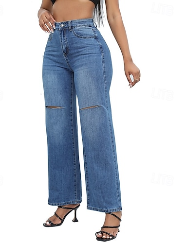  Per donna Normale Jeans Streetwear Moda Lunghezza intera Vita alta Tinta unica Tasche comodo Traspirabilità Morbido Media elasticità Strada Giornaliero Blu chiaro Blu scuro Primavera & Autunno Morbido