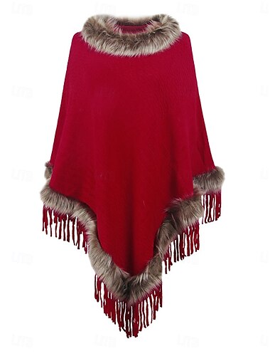  Damen Umhang / Umhänge Outdoor Strasse Freizeitskleidung Herbst Winter Standard Mantel Regular Fit warm Atmungsaktiv Stilvoll Brautkleider schlicht Jacken Langarm Glatt Quaste Kunstpelzbesatz Rote