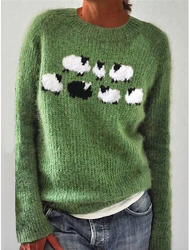  Mujer Pulóveres Suéter de punto Casual Suave Animal Estriado Cuello Barco De Punto Manga Larga Tops regulares Tejer Exterior Diario Fin de semana Verde Trébol Gris Oscuro Otoño Invierno
