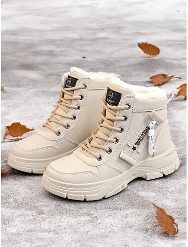  Botines con cordones para mujer con forro de piel cálido: elegantes botas de invierno beige para exteriores y comodidad en climas fríos
