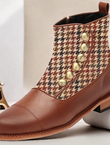  ανδρικά vintage μποτάκια houndstooth με στοιχεία από ψεύτικο δέρμα και διακοσμητικά κουμπιά – κομψές επίσημες μπότες για το φθινόπωρο και το χειμώνα