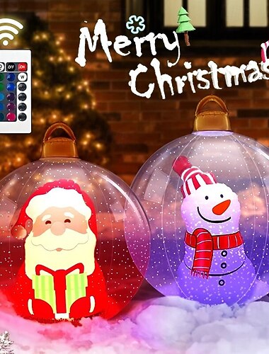  60cm 透明インフレータブル RGB クリスマス バルーン ライト、巨大な大型クリスマス オーナメント屋外装飾、クリスマス ブローアップ PVC ボール、クリスマス装飾屋外ガーデン、庭、パティオ用