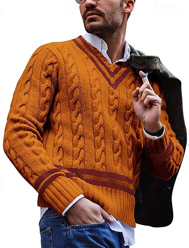  Herren Pullover Strickpullover Gerippt Stricken Standard Strick Farbblock V Ausschnitt Modisch Basic Freizeitskleidung Verabredung Bekleidung Herbst Winter Weiß Gelb S M L