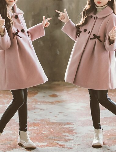  kinderkleidung Mädchen Wollmantel Langarm Rosa Khaki Feste Farbe Taste Herbst Winter Modisch Schulanfang 3-7 Jahre