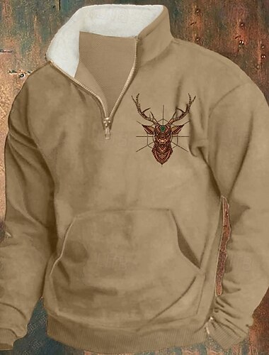  Hombre Sudadera Sudadera con un cuarto de cremallera Negro Rojo Azul Piscina Caqui Media cremallera Reno Estampado Navidad Diario Festivos Poliéster Ropa de calle Casual Vellón fino Otoño invierno