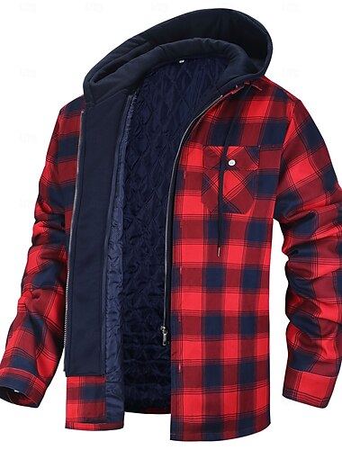  Herren Hemdjacke Winterjacken Overshirt Shacket Kariert / Gestreift / Zickzack / Rund Urlaub Alltagskleidung Schwarz Rote Marineblau Königliches Blau Langarm Mit Kapuze Herbst Winter Bekleidung