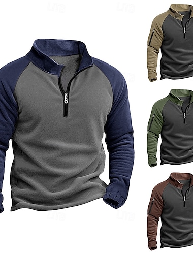  Hombre Pull-over Sudadera con un cuarto de cremallera Sudadera táctica con capucha Azul Piscina Verde Trébol Caqui Café Cuello Mao Media cremallera Plano Retazos Bolsillo Bloque de Color Deporte