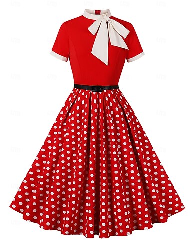  レトリ／ヴィンテージ 1950年代風 ヘプバーン ドレス フラワー 波点 Ａライン ラウンドネック 女性用 カーニバル 新年 マスカレード カジュアル／普段着 バチェロレッテパーティー 成人 ドレス