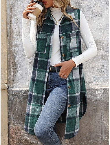  Damen Weste Outdoor Strasse Freizeitskleidung Herbst Winter Lang Mantel Regular Fit warm Atmungsaktiv Stilvoll Brautkleider schlicht Jacken Ärmellos Streifen und Plaid Mit Taschen Bedruckt Orange
