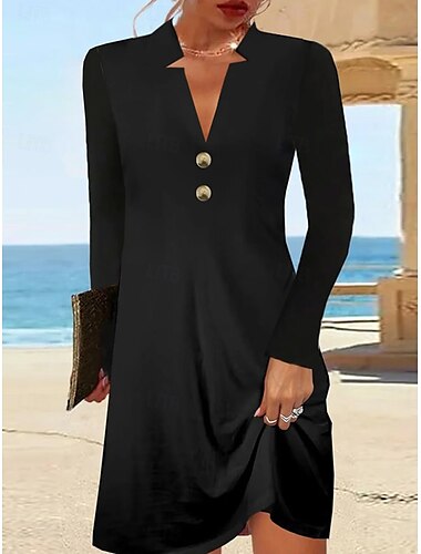  Dames Zwarte jurk Mini-jurk nappi Elegant V-hals Lange mouw Zwart Kleur