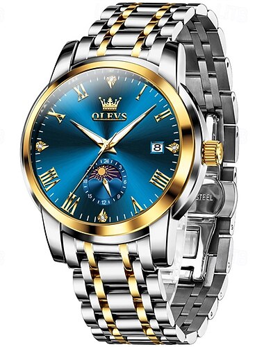  Ny Olevs Brand Mænds Stål Rem Forretnings Ur Kalender Månefase Visning Luminøs Enkel Fritid Multifunktionelt Quartz Ur Vandtæt Sports Mænds Wristwatch