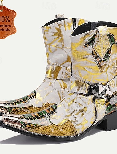  bottes de moto en cuir de serpent doré pour hommes – bottines à bout pointu de style western avec sangles à boucle et accents métalliques audacieux