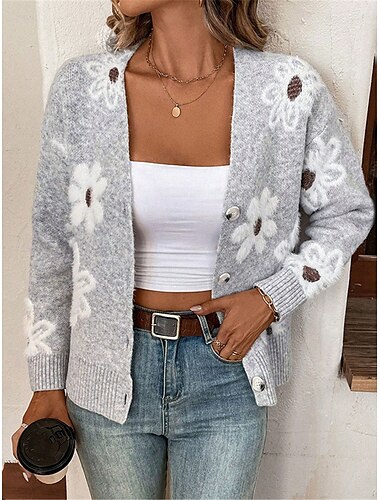  Mujer Pulóveres Cárdigan Casual Suave Floral Estriado Escote en Pico Botones De Punto Manga Larga Tops regulares Tejer Exterior Diario Fin de semana Negro Gris Claro Otoño Invierno