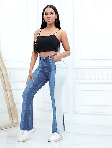  Mujer Normal Vaqueros Ropa de calle Elegante Longitud total Alta cintura Bloque de color Retazos Transpirable Suave Cómodo Microelástico Diario Noche Negro Azul Piscina Primavera & Otoño Ajuste