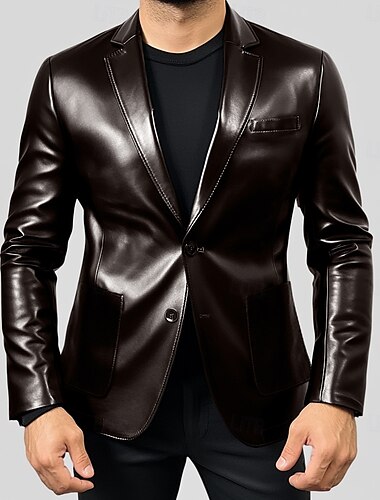 Blazerjacke aus PU-Leder für Herren Sportjacke Mode Büro dick warm einfarbig Blazer dunkel khaki schwarz braun standard Schnitt Einreiher mit zwei Knöpfen