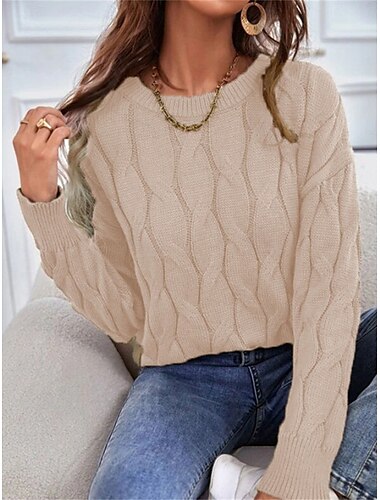  Damen Pullover Brautkleider schlicht Weich Einfarbig Gedrehtes Rundhalsausschnitt Strick Langarm Normale Oberteile Stricken Outdoor Täglich Wochenende Orange Khaki Herbst Winter