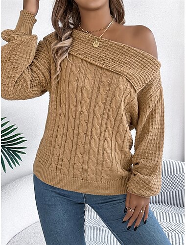  Damen Pullover Brautkleider schlicht Weich Einfarbig Gedrehtes Ein-Schulter Strick Langarm Normale Oberteile Stricken Outdoor Täglich Wochenende Weiß Orange Herbst Winter
