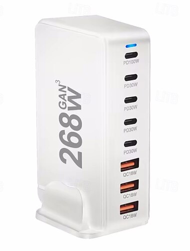  268-W-Desktop-GAN-Ladegerät 8-Port-USB-Typ-C-PD-Ladegerät Schnellladung 3.0 USB-Typ-C-Schnellladegerät Mobiles USB-Ladegerät