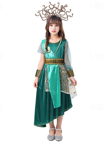  子供 女の子 コスプレドレス パーティードレス カラーブロック 半袖 性能 ハロウィーンパーティー パッチワーク 美しい 甘い ポリエステル マキシ パーティードレス A ラインドレス 夏 4年以上 グリーン