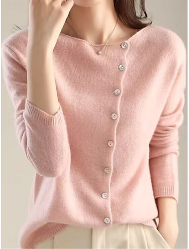  Femmes Pull Cardigan Occasionnel Doux Couleur Unie Côtelé Col ras du cou Boutons Tricoté manche longue Hauts Réguliers Tricoter Extérieur Quotidien Week-end Jaune Rose Claire Automne Hiver