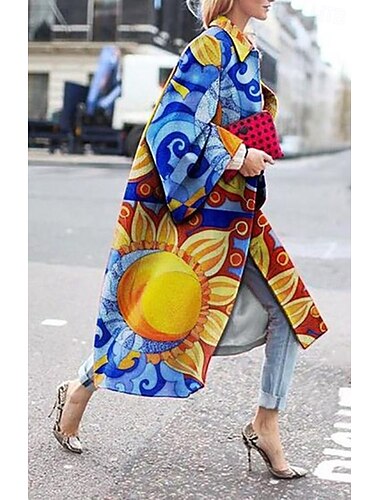  Damen Blazer Sakko B¨¹ro Arbeit Strasse Herbst Winter Lang Mantel Lockere Passform warm Zeitgenössisch Stilvoll Brautkleider schlicht Jacken Langarm Print Blumen Bedruckt Rote Blau Grün
