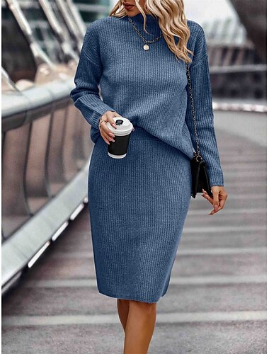  Femme Robe pull Pulls coordonnés Pull Ensemble Décontractées Flexible Couleur monochrome A côtes Mao Tricoté manche longue Hauts réguliers Tricoter Extérieur du quotidien Fin de semaine Bleu Kaki