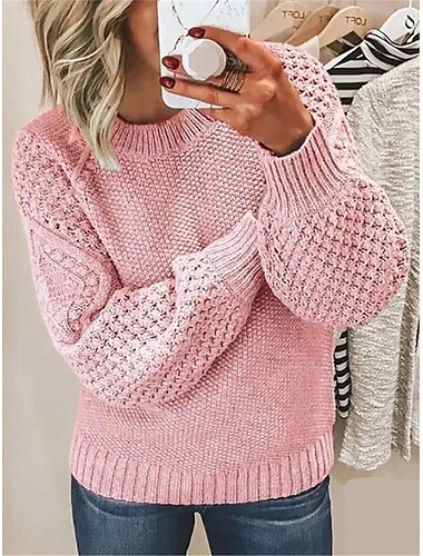  Dam Tröja Pullover tröja Ledigt Mjukt Ren färg Kabel Rund hals Stickat Långärmad Vanliga toppar Sticka Utomhus Dagligen Helgen Vit Rodnande Rosa Höst Vinter